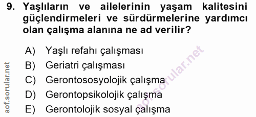 9. soru: Yaşlıların ve ailelerinin yaşam kalitesini güçlendirmeleri ve sürdürmelerine yardımcı olan çalışma alanına ne ad veri…