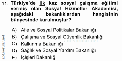 11. soru: Türkiye'de ilk kez sosyal çalışma eğitimi vermiş olan Sosyal Hizmetler Akademisi, aşağıdaki bakanlıklardan hangisinin…