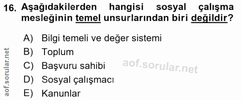 16. soru: Aşağıdakilerden hangisi sosyal çalışma mesleğinin temel unsurlarından biri değildir? A) Bilgi temeli ve değer sistemi…