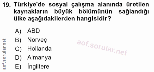 19. soru: Türkiye'de sosyal çalışma alanında üretilen kaynakların büyük bölümünün sağlandığı ülke aşağıdakilerden hangisidir? A…