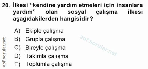 20. soru: İlkesi "kendine yardım etmeleri için insanlara yardım" olan sosyal çalışma ilkesi aşağıdakilerden hangisidir? A) Ekip…