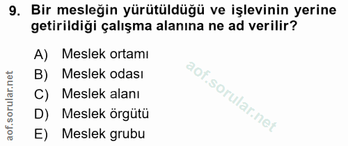 9. soru: Bir mesleğin yürütüldüğü ve işlevinin yerine getirildiği çalışma alanına ne ad verilir? Meslek ortamı B) Meslek odası…