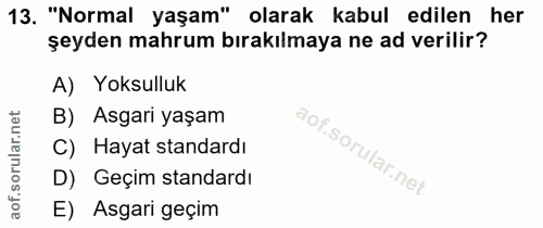 13. soru: "Normal yaşam" olarak kabul edilen her şeyden mahrum bırakılmaya ne ad verilir? A) Yoksulluk B) Asgari yaşam Hayat st…