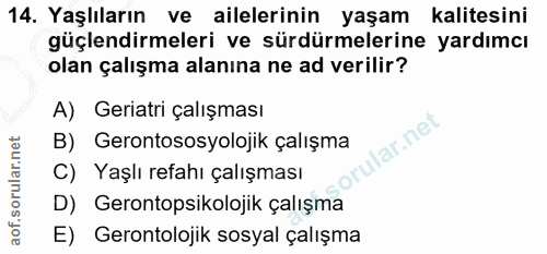 14. soru: Yaşlıların ve ailelerinin yaşam kalitesini güçlendirmeleri ve sürdürmelerine yardımcı olan çalışma alanına ne ad veri…