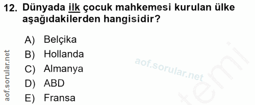 12. soru: Dünyada ilk çocuk mahkemesi kurulan ülke aşağıdakilerden hangisidir? A) Belçika B) Hollanda C) Almanya D) ABD E) Fransa