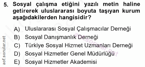 5. soru: Sosyal çalışma etiğini yazılı metin haline getirerek uluslararası boyuta taşıyan kurum aşağıdakilerden hangisidir? A)…