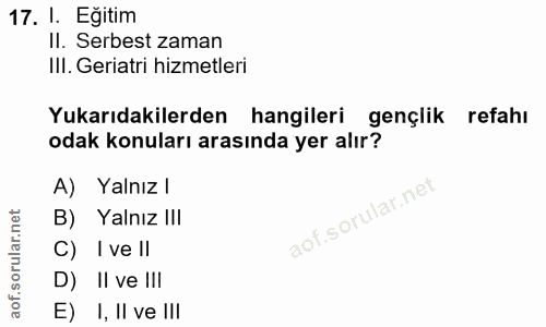 17. soru: l. Egitim Il. Serbest zaman III. Geriatri hizmetleri Yukarıdakilerden hangileri gençlik refahı odak konuları arasında…