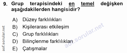 9. soru: Grup terapisindeki en temel değişken aşağıdakilerden hangisidir? A) Düzey farklılıkları D) Bilinçlenme farklılıkları…