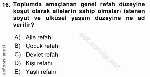 16. soru: Toplumda amaçlanan genel refah düzeyine koşut olarak ailelerin sahip olmaları istenen soyut ve ülküsel yaşam düzeyine…