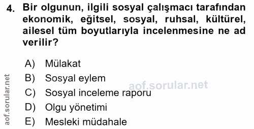 4. soru: Bir olgunun, ilgili sosyal çalışmacı tarafından ekonomik, egitsel, sosyal, ruhsal, kültürel, ailesel tüm boyutlarıyla…