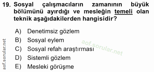 19. soru: Sosyal çalışmacıların zamanının büyük bölümünü ayırdığı ve mesleğin temeli olan teknik aşağıdakilerden hangisidir? A)…