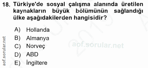 18. soru: Türkiye'de sosyal çalışma alanında üretilen kaynakların büyük bölümünün sağlandığı ülke aşağıdakilerden hangisidir? A…