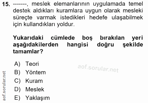 15. soru: -_, meslek elemanlarının uygulamada temel destek aldıkları kuramlara uygun olarak mesleki süreçte varmak istedikleri…