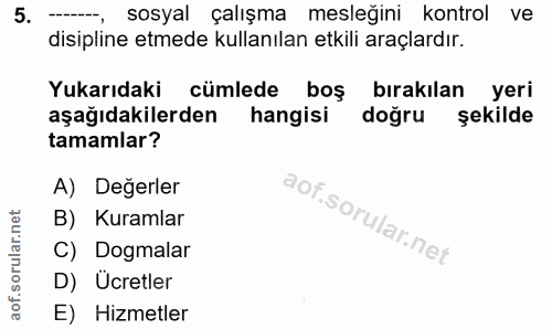 5. soru: sosyal çalışma mesleğini kontrol ve disipline etmede kullanılan etkili araçlardır. Yukarıdaki cümlede boş bırakılan y…