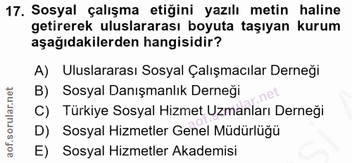 17. soru: Sosyal çalışma etiğini yazılı metin haline getirerek uluslararası boyuta taşıyan kurum aşağıdakilerden hangisidir? A)…