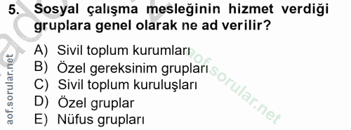5. soru: Sosyal çalışma mesleğinin hizmet verdiği gruplara genel olarak ne ad verilir? B) Özel gereksinim gruplari sorularine…