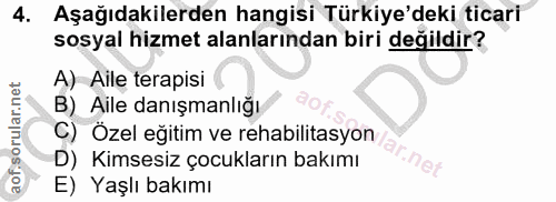 4. soru: Aşağıdakilerden hangisi Türkiye'deki ticari sosyal hizmet alanlarından biri değildir? A) Aile terapisi B) Aile danışm…