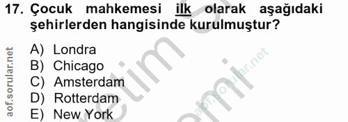 17. soru: Çocuk mahkemesi ilk olarak aşağıdaki şehirlerden hangisinde kurulmuştur? A) Londra ir.net B) Chicago C) Amsterdam D)…