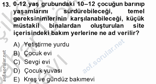 13. soru: 0-12 yaş grubundaki 10-12 çocuğun barınıp yaşamlarını sürdürebileceği, temel gereksinimlerinin karşılanabileceği, küç…