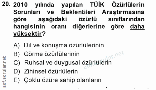 20. soru: 2010 yılında yapılan TÜİK Özürlülerin Sorunları ve Beklentileri Araştırmasına göre aşağıdaki özürlü siniflarindan han…