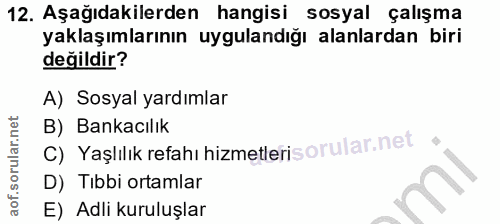 12. soru: Aşağıdakilerden hangisi sosyal çalışma yaklaşımlarının uygulandığı alanlardan biri değildir? A) Sosyal yardımlar c) Y…