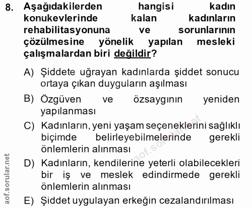 8. soru: Aşağıdakilerden hangisi kadın konukevlerinde kalan kadınların rehabilitasyonuna ve sorunlarının çözülmesine yönelik y…