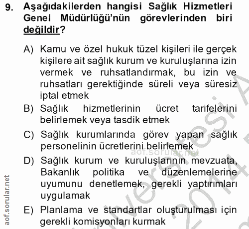 9. soru: Aşağıdakilerden hangisi Sağlık Hizmetleri Genel Müdürlüğü'nün görevlerinden biri değildir? A) Kamu ve özel hukuk tüze…