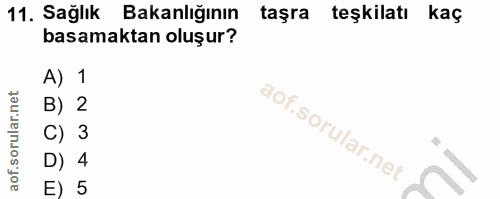 11. soru: Sağlık Bakanlığının taşra teşkilatı kaç basamaktan oluşur? A) 1 B) 2 C) 3 D) 4 E) 5