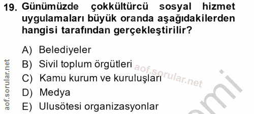 19. soru: Günümüzde çokkültürcü sosyal hizmet uygulamaları büyük oranda aşağıdakilerden hangisi tarafından gerçekleştirilir? A)…