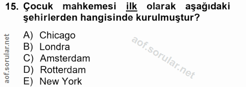 15. soru: Çocuk mahkemesi ilk olarak aşağıdaki şehirlerden hangisinde kurulmuştur? A) Chicago B) Londra C) Amsterdam D) Rotterd…