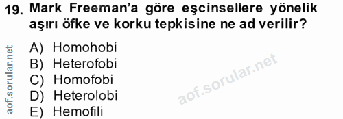 19. soru: Mark Freeman'a göre eşcinsellere yönelik aşırı öfke ve korku tepkisine ne ad verilir? A) Homohobi B) Heterofobi C) Ho…