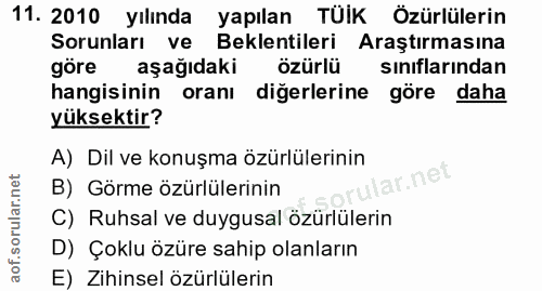 11. soru: 2010 yılında yapılan TÜİK Özürlülerin Sorunları ve Beklentileri Araştırmasına göre aşağıdaki özürlü sınıflarından han…