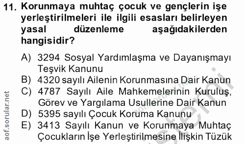 11. soru: Korunmaya muhtaç çocuk ve gençlerin işe yerleştirilmeleri ile ilgili esasları belirleyen yasal düzenleme aşağıdakiler…