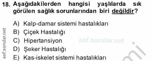 18. soru: Aşağıdakilerden hangisi yaşlılarda sık görülen sağlık sorunlarından biri değildir? A) Kalp-damar sistemi hastalıkları…