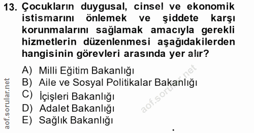 13. soru: Çocukların duygusal, cinsel ve ekonomik istismarını önlemek ve şiddete karşı korunmalarını sağlamak amacıyla gerekli…