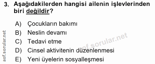3. soru: Aşağıdakilerden hangisi ailenin işlevlerinden biri değildir? A) Çocukların bakımı B) Neslin devamı rular.net C) Tedav…