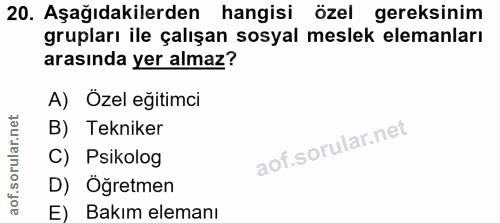 20. soru: Aşağıdakilerden hangisi özel gereksinim grupları ile çalışan sosyal meslek elemanları arasında yer almaz? A) Özel eği…
