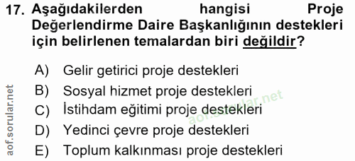 17. soru: Aşağıdakilerden hangisi Proje Değerlendirme Daire Başkanlığının destekleri için belirlenen temalardan biri değildir?…