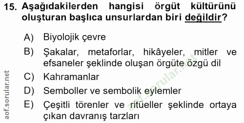 15. soru: Aşağıdakilerden hangisi örgüt kültürünü oluşturan başlıca unsurlardan biri değildir? A) Biyolojik çevre B) Şakalar, m…