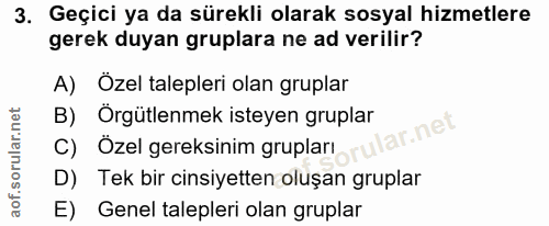 3. soru: Geçici ya da sürekli olarak sosyal hizmetlere gerek duyan gruplara ne ad verilir? A) Özel talepleri olan gruplar B) Ö…