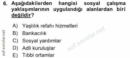 6. soru: Aşağıdakilerden hangisi sosyal çalışma yaklaşımlarının uygulandığı alanlardan biri değildir? A) Yaşlılık refahı hizme…