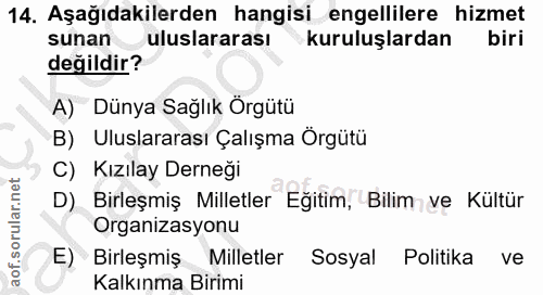 14. soru: Aşağıdakilerden hangisi engellilere hizmet sunan uluslararası kuruluşlardan biri değildir? A) Dünya Sağlık Örgütü Ulu…