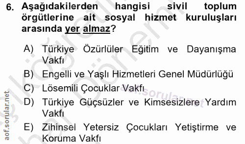 6. soru: Aşağıdakilerden hangisi sivil toplum örgütlerine ait sosyal hizmet kuruluşları arasında yer almaz? A) Türkiye Özürlül…