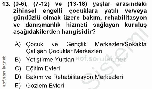 13. soru: (0-6), (7-12) ve (13-18) yaşlar arasındaki zihinsel engelli çocuklara yatılı ve/veya gündüzlü olmak üzere bakım, reha…