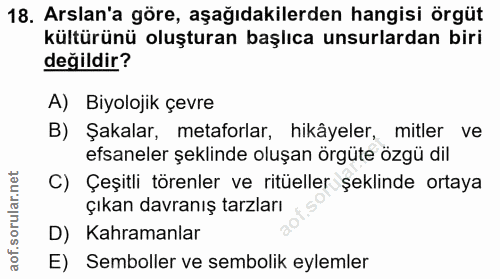 18. soru: Arslan'a göre, aşağıdakilerden hangisi örgüt kültürünü oluşturan başlıca unsurlardan biri değildir? A) Biyolojik çevr…