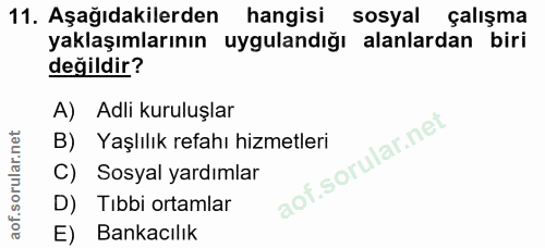 11. soru: Aşağıdakilerden hangisi sosyal çalışma yaklaşımlarının uygulandığı alanlardan biri değildir? A) Adli kuruluşlar B)S Y…