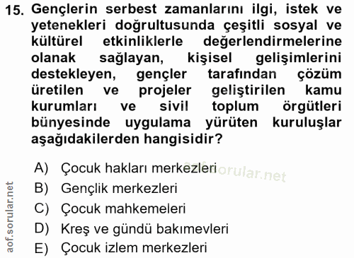 15. soru: Gençlerin serbest zamanlarını ilgi, istek ve yetenekleri doğrultusunda çeşitli sosyal ve kültürel etkinliklerle değer…