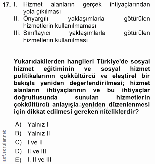 17. soru: I. Hizmet alanların gerçek ihtiyaçlarından yola çıkılması II. Onyargıli yaklaşımlarla götürülen hizmetlerin kullanılm…