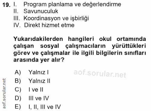 19. soru: 1. Program planlama ve değerlendirme II. Savunuculuk III. Koordinasyon ve işbirliği IV. Direkt hizmet etme Yukarıdaki…