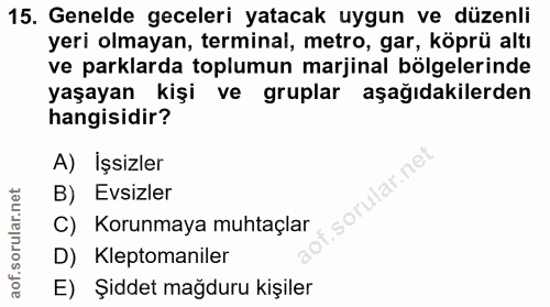15. soru: Genelde geceleri yatacak uygun ve düzenli yeri olmayan, terminal, metro, gar, köprü altı ve parklarda toplumun marjin…